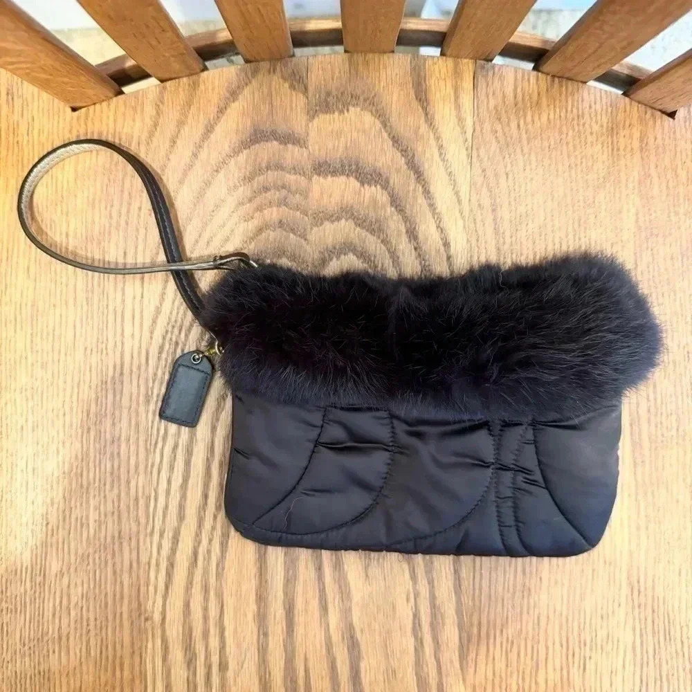 Coach Soho Ski, Satin, Wristlet With Rabbit Fur,  Brown, 7” W X 5” H - Picture 2 of 7